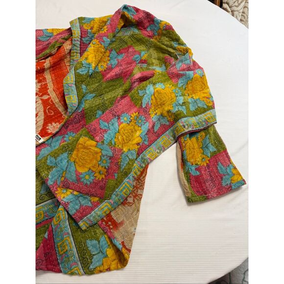 Kantha Patchwork Kimono Jacket Reversible Colorful Boho Patch Pockets O/S - Picture 2 of 16